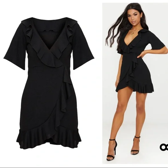 Prettylittlething Black Frill Detail Wrap Dress - Picture 1 of 9